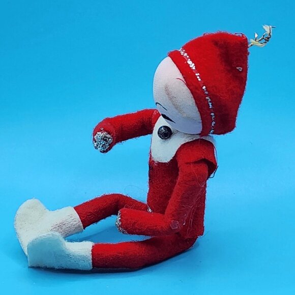 1950s Pixie Knee Hugger Elf Ornament Red White Poseable 5" Sockinette - Picture 3 of 11